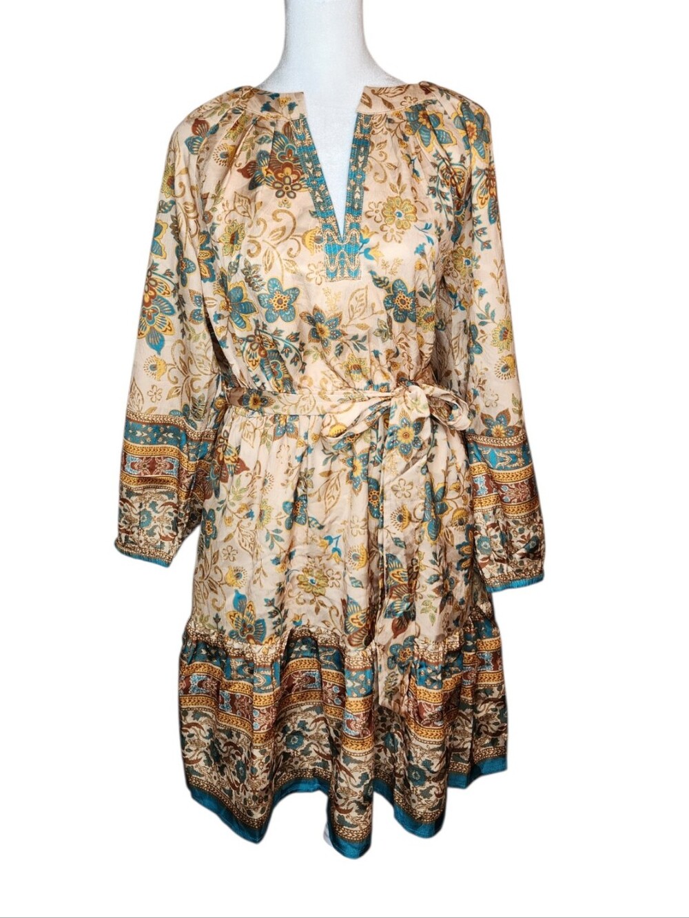 NEW Current Air Ginger Dress Split Neck Peasant Beige Multi Medium